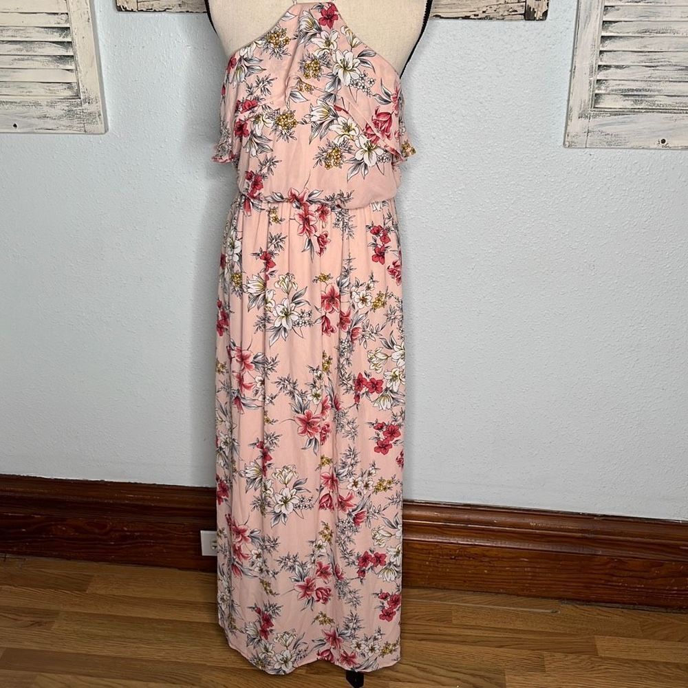 Lush Floral Maxi Sleeveless Halter Keyhole Back Pink Women's Dress Size Medium